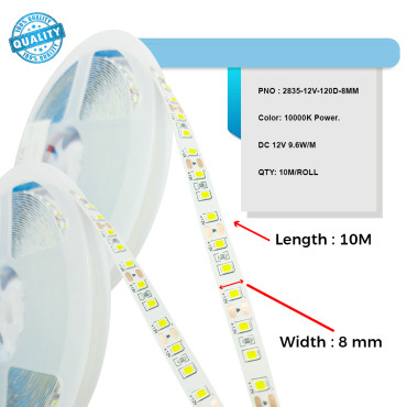 LED Strip Light |10000K Pure White | Power 12V DC 9.6V W/M | 8 mm | Indoor Outdoor Decoration | 10M Length Roll